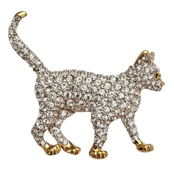 Swarovski Clear Rhinestone Cat Brooch Marked With Swan Logo - Picture 10 of 10